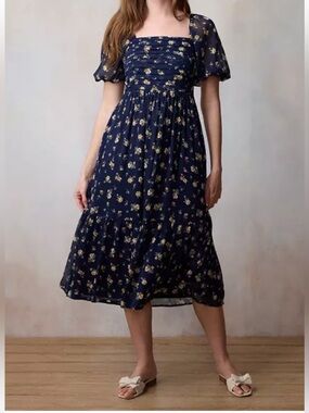 LC Lauren Conrad Navy Floral Puff-Sleeve Sundress